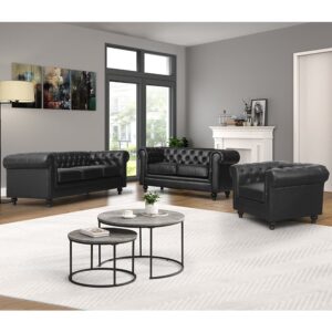 Hertford Chesterfield Faux Leather 3+2+1 Sofa Set In Black