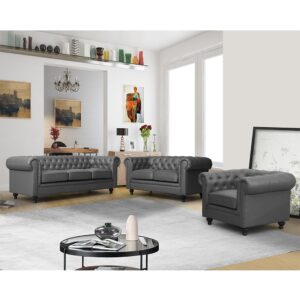 Hertford Chesterfield Faux Leather 3+2+1 Sofa Set In Dark Grey
