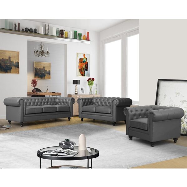 Hertford Chesterfield Faux Leather 3+2+1 Sofa Set In Dark Grey