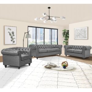 Hertford Chesterfield Faux Leather 3+2+1 Sofa Set In Vintage Grey