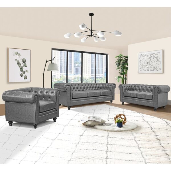 Hertford Chesterfield Faux Leather 3+2+1 Sofa Set In Vintage Grey