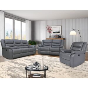 Sorreno 3+2+1 Bonded Leather Recliner Sofa Set In Dark Grey