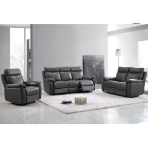 Caguas Leather Recliner Sofa Suite In Dark Grey