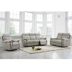 Caguas Leather Recliner Sofa Suite In Light Grey
